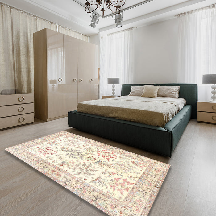 Machine Washable Traditional Peach Beige Rug in a Bedroom, wshtr4821