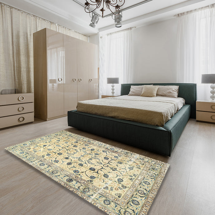Traditional Khaki Gold Persian Rug in a Bedroom, tr4832