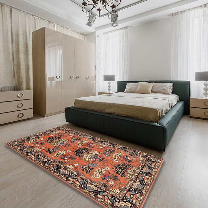 Machine Washable Traditional Saffron Red Rug in a Bedroom, wshtr487