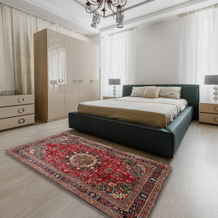 Traditional Saffron Red Medallion Rug in a Bedroom, tr518