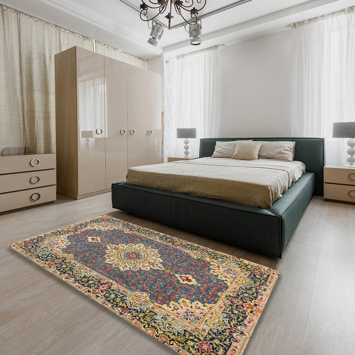 Machine Washable Traditional Brown Green Rug in a Bedroom, wshtr528