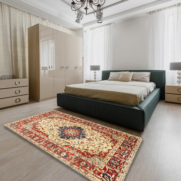 Traditional Fire Brick Red Medallion Rug in a Bedroom, tr542