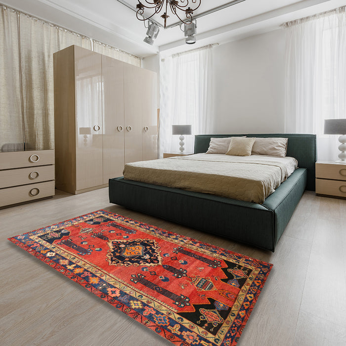 Traditional Dark Gold Brown Persian Rug in a Bedroom, tr550