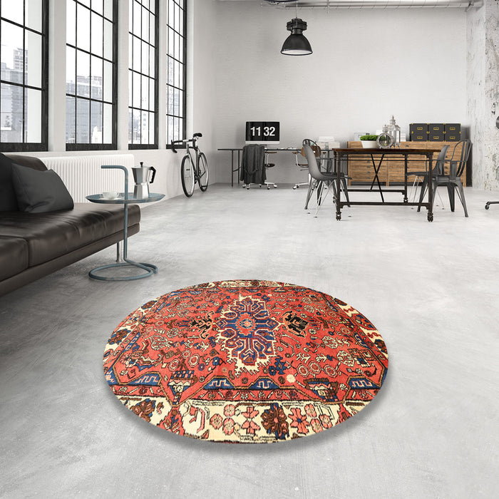 Round Machine Washable Traditional Tangerine Pink Rug in a Office, wshtr555