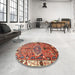 Round Machine Washable Traditional Tangerine Pink Rug in a Office, wshtr555