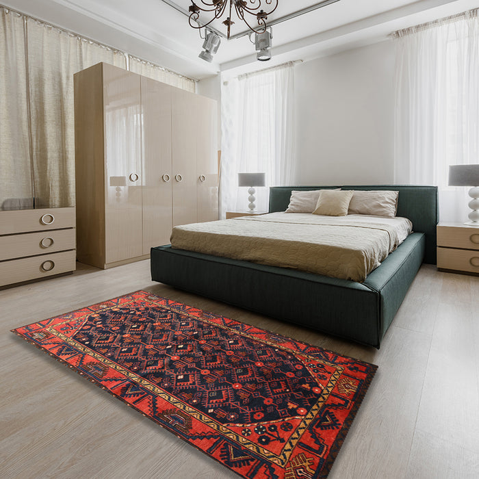 Machine Washable Traditional Saffron Red Rug in a Bedroom, wshtr558