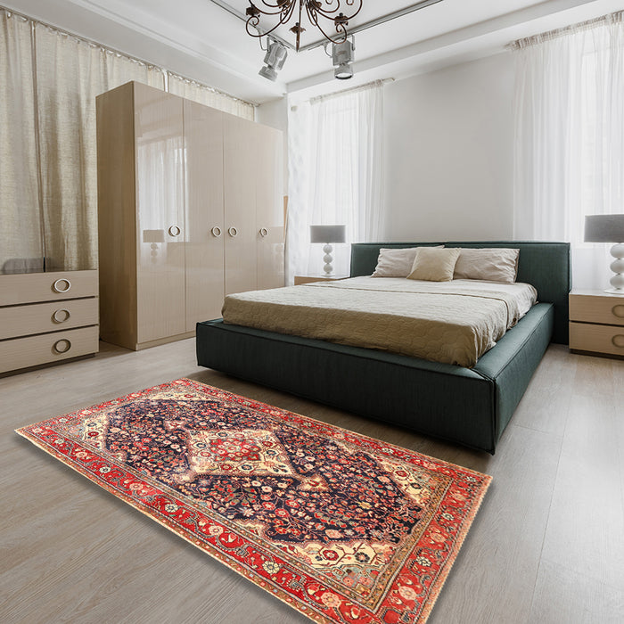Traditional Fire Brick Red Medallion Rug in a Bedroom, tr561