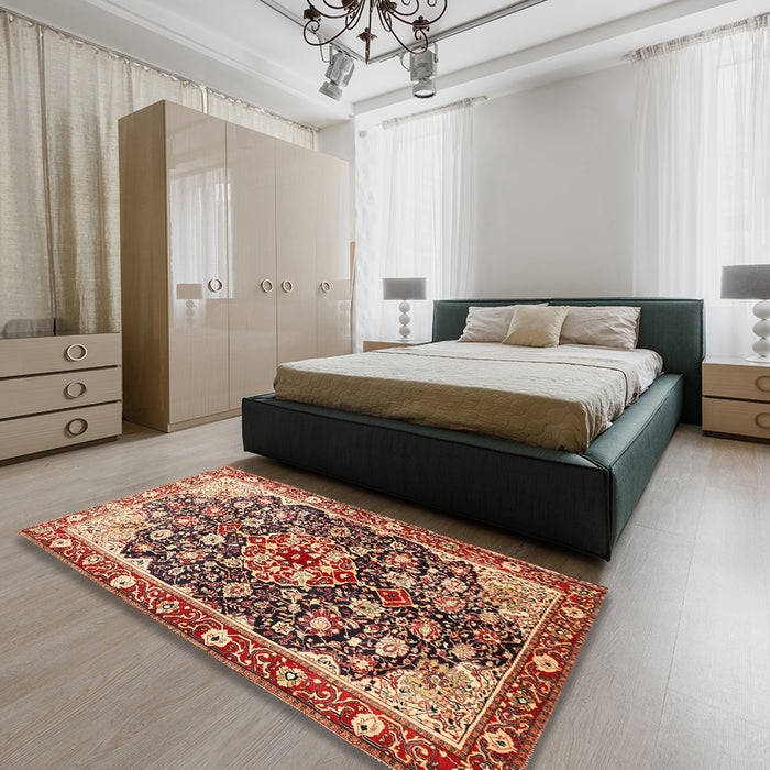 Traditional Saffron Red Medallion Rug in a Bedroom, tr562