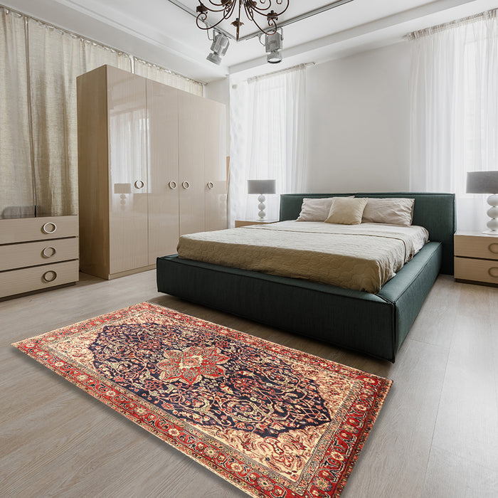 Machine Washable Traditional Brown Red Rug in a Bedroom, wshtr563