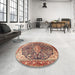 Round Machine Washable Traditional Brown Red Rug in a Office, wshtr563