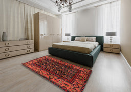 Traditional Dark Sienna Brown Persian Rug in a Bedroom, tr581