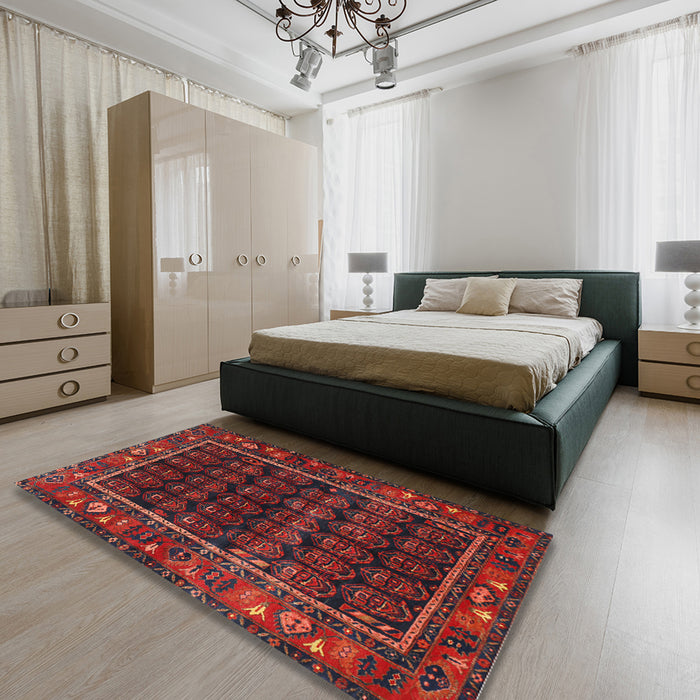 Traditional Reddish Brown Persian Rug in a Bedroom, tr602