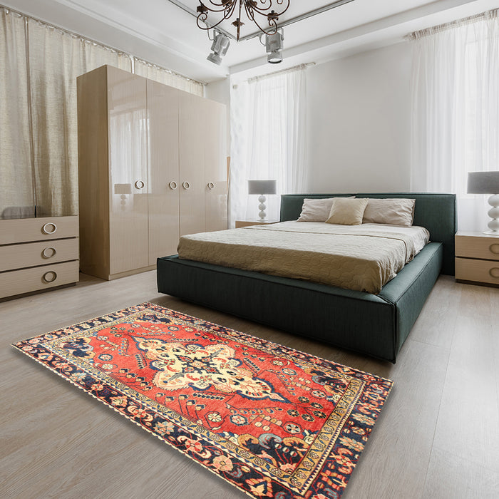 Traditional Brown Red Medallion Rug in a Bedroom, tr604