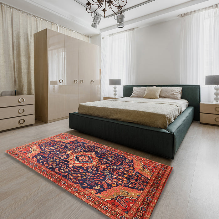 Machine Washable Traditional Copper Red Pink Rug in a Bedroom, wshtr606