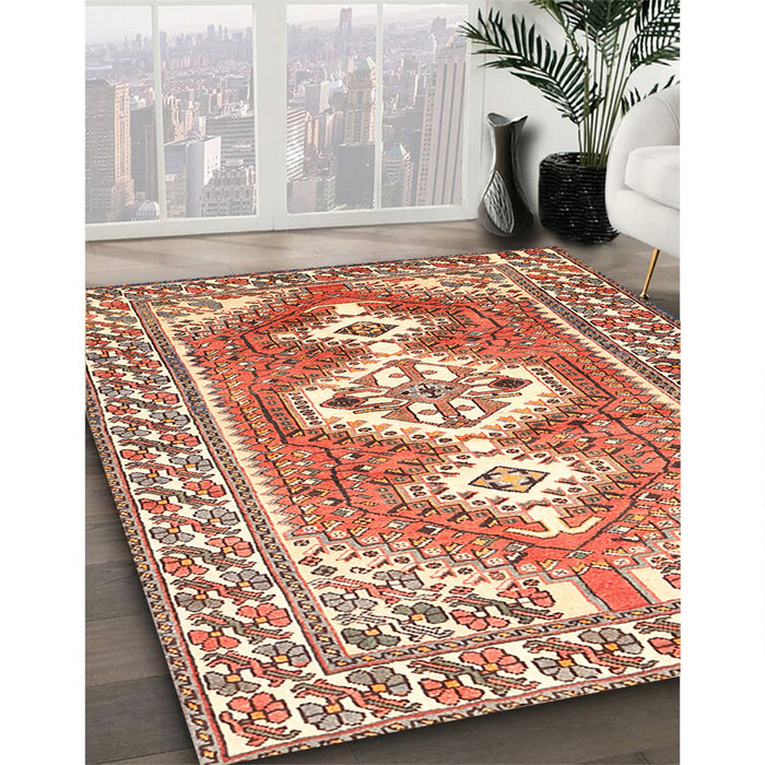 Traditional Mahogany Brown Persian Rug in Family Room, tr609