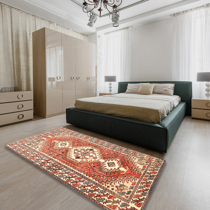 Traditional Mahogany Brown Persian Rug in a Bedroom, tr609