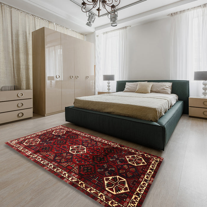 Traditional Reddish Brown Persian Rug in a Bedroom, tr617