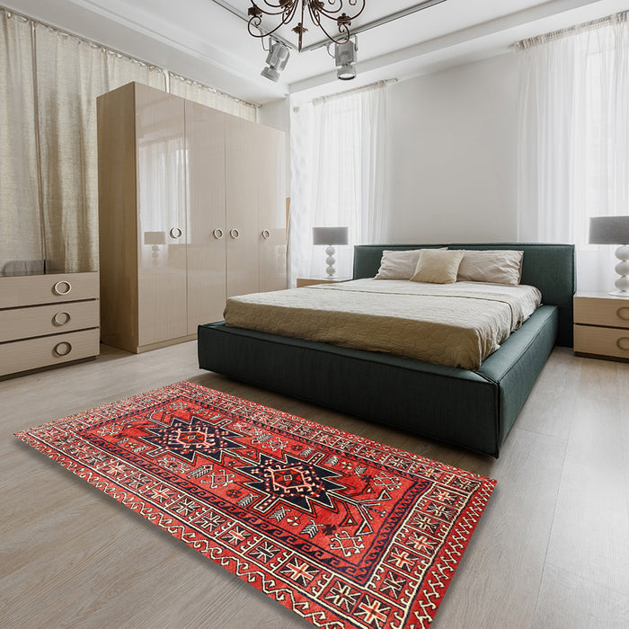 Traditional Orange Salmon Pink Persian Rug in a Bedroom, tr620