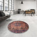 Round Machine Washable Traditional Copper Red Pink Rug in a Office, wshtr639