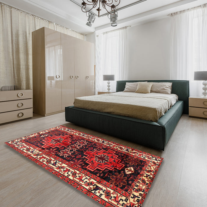 Machine Washable Traditional Dark Gold Brown Rug in a Bedroom, wshtr653