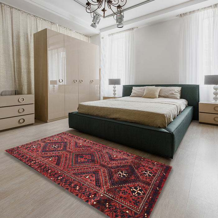 Traditional Chestnut Brown Persian Rug in a Bedroom, tr663
