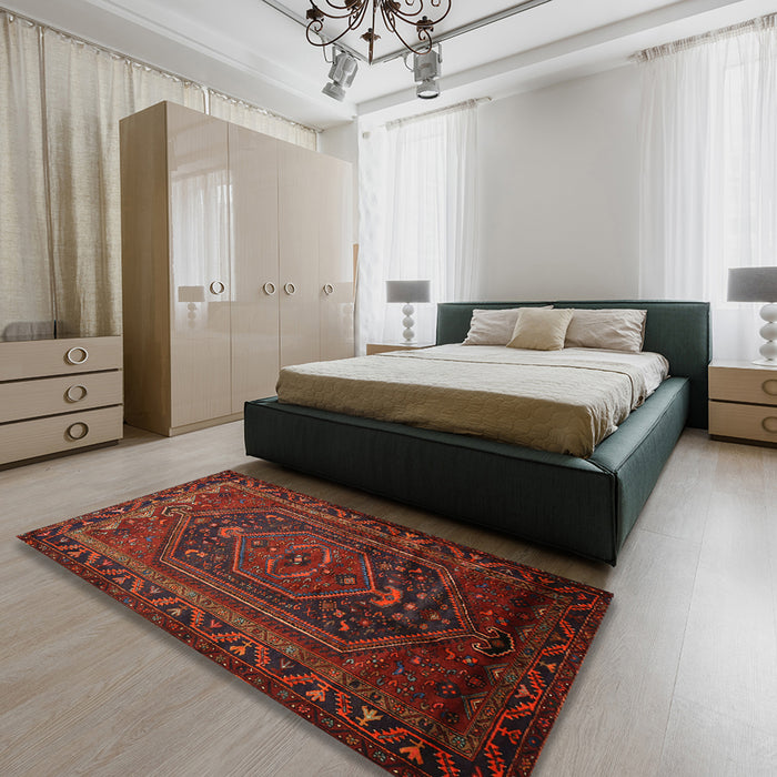 Traditional Reddish Brown Persian Rug in a Bedroom, tr678