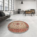 Round Traditional Fire Brick Red Medallion Rug in a Office, tr67