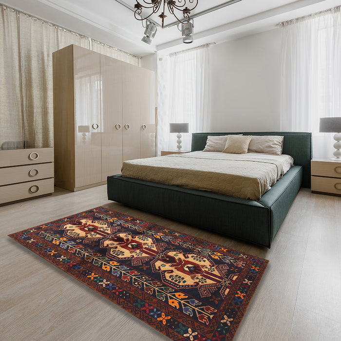 Traditional Chestnut Brown Persian Rug in a Bedroom, tr685