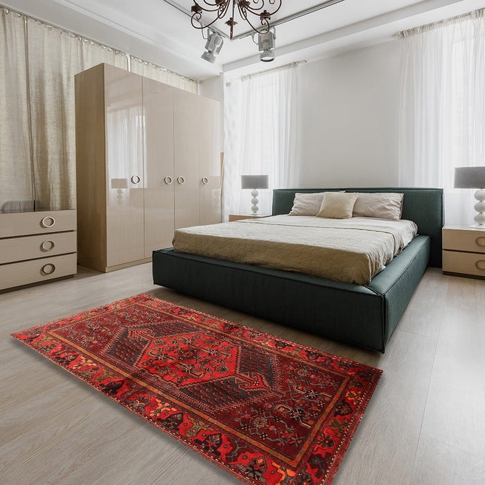Machine Washable Traditional Brown Red Rug in a Bedroom, wshtr691