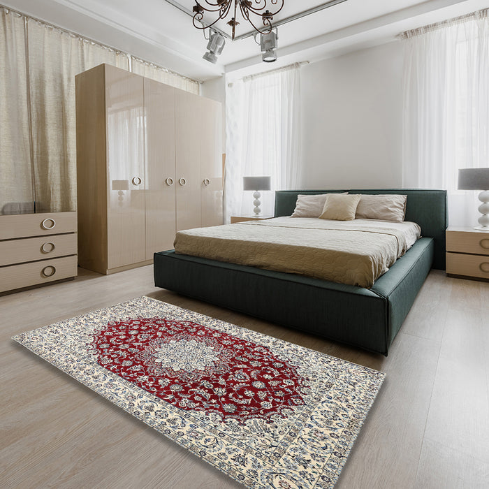 Traditional Chestnut Brown Medallion Rug in a Bedroom, tr725