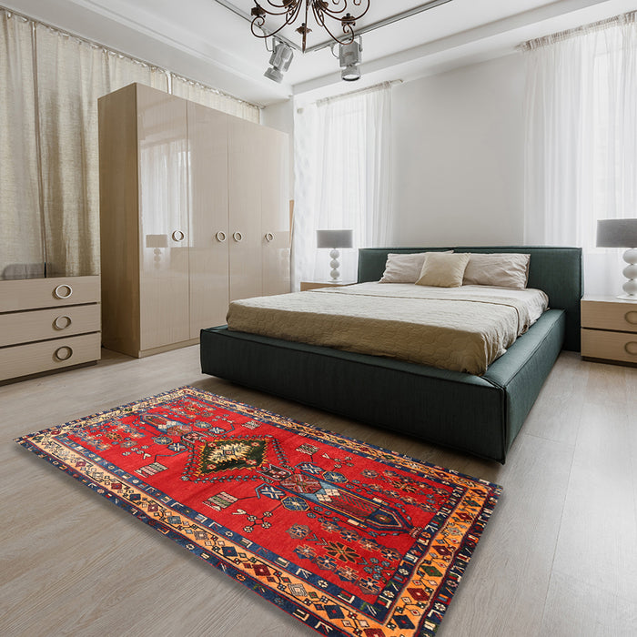 Machine Washable Traditional Dark Almond Brown Rug in a Bedroom, wshtr740