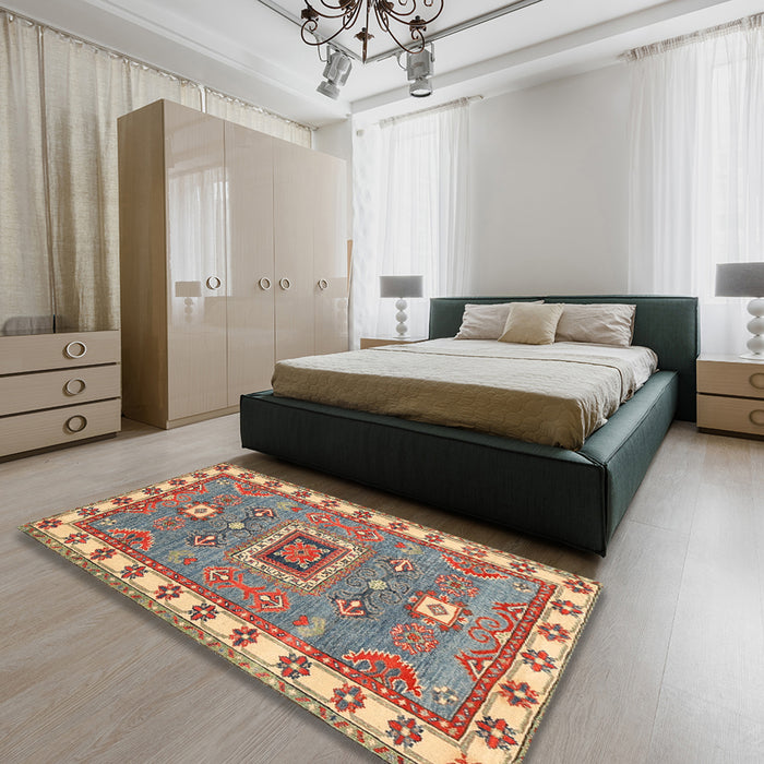 Traditional Light French Beige Brown Geometric Rug in a Bedroom, tr751