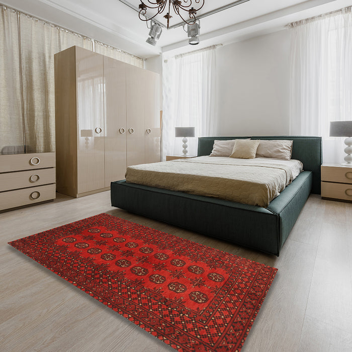 Machine Washable Traditional Saffron Red Rug in a Bedroom, wshtr766