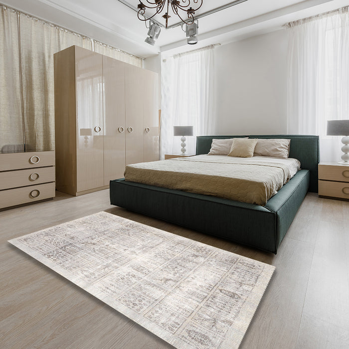 Machine Washable Traditional Dark White Beige Rug in a Bedroom, wshtr782