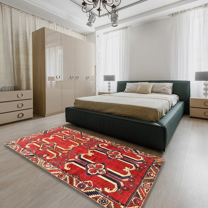 Machine Washable Traditional Orange Brown Rug in a Bedroom, wshtr786