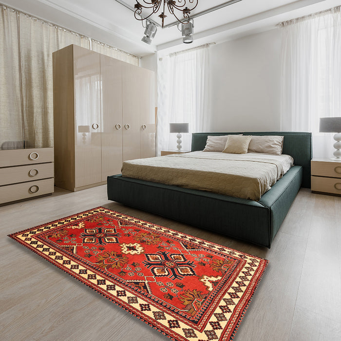 Traditional Bronze Brown Geometric Rug in a Bedroom, tr798