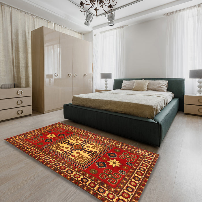 Traditional Red Geometric Rug in a Bedroom, tr799