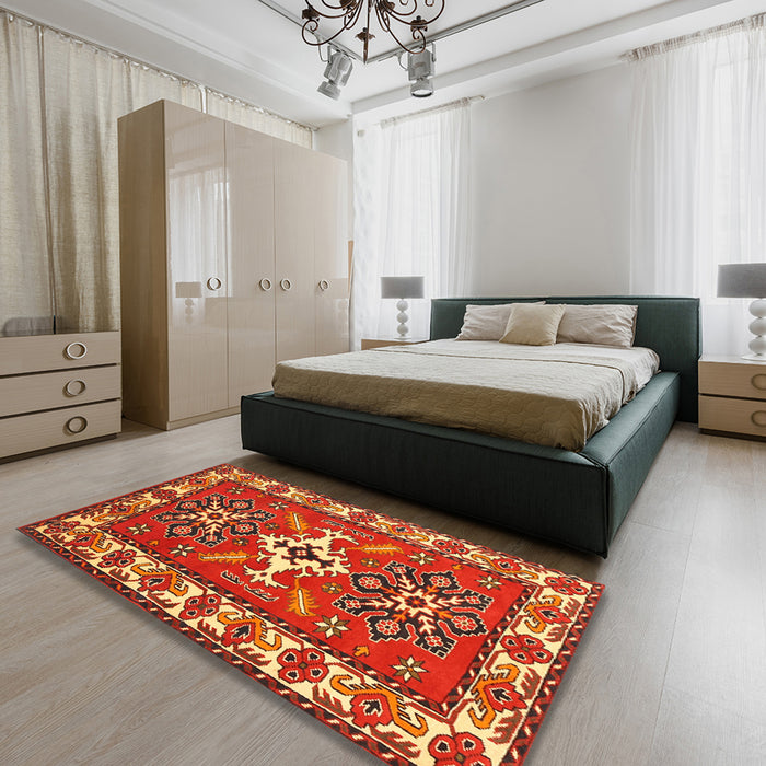 Traditional Red Geometric Rug in a Bedroom, tr818