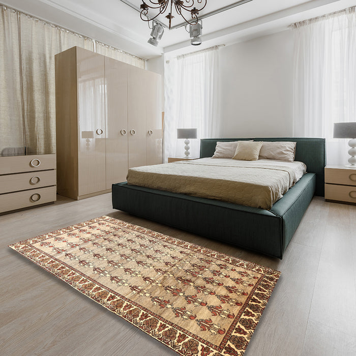 Machine Washable Traditional Brown Gold Rug in a Bedroom, wshtr821