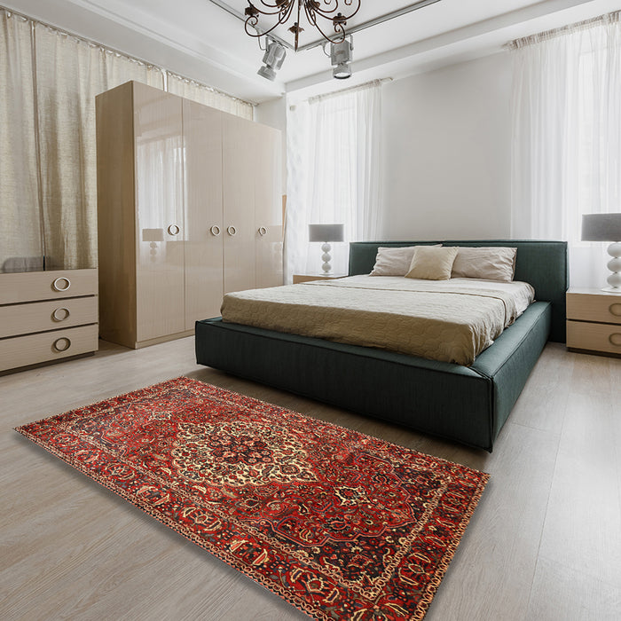 Machine Washable Traditional Tomato Red Rug in a Bedroom, wshtr852