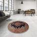 Round Traditional Dark Almond Brown Medallion Rug in a Office, tr89