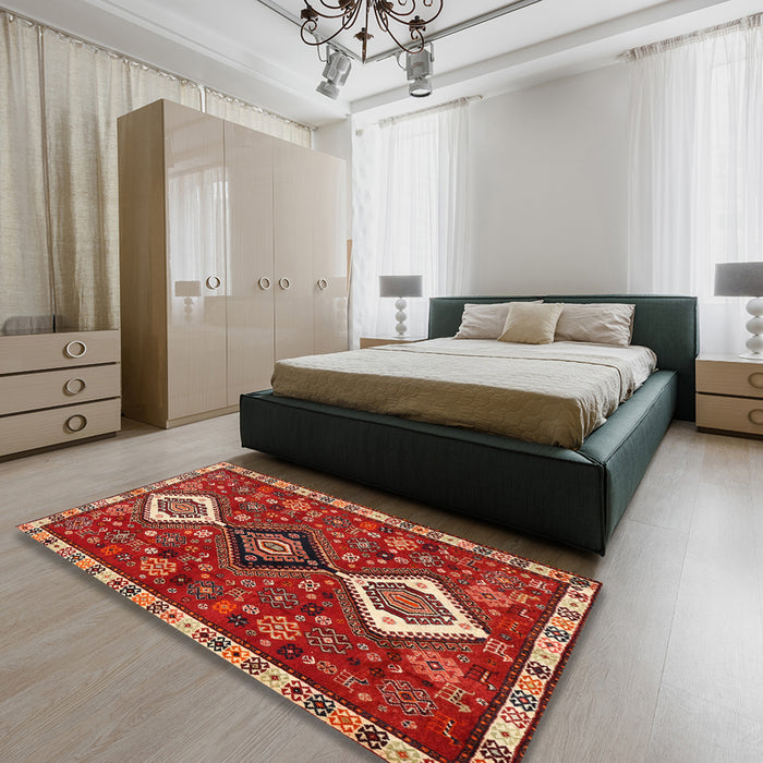 Traditional Copper Red Pink Persian Rug in a Bedroom, tr906