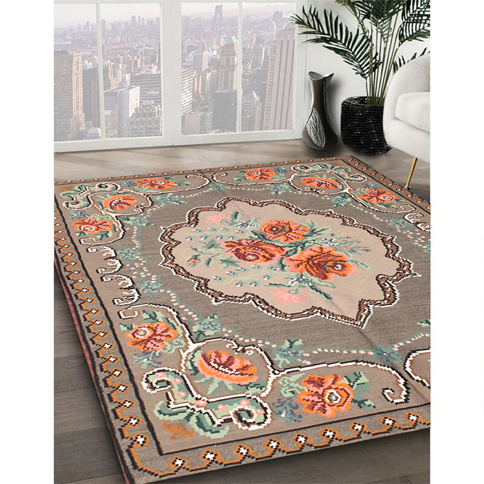 Traditional Light French Beige Brown Medallion Rug in Family Room, tr922