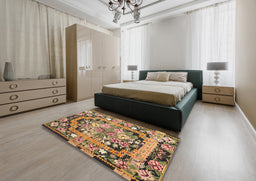 Traditional Dark Sienna Brown Medallion Rug in a Bedroom, tr923