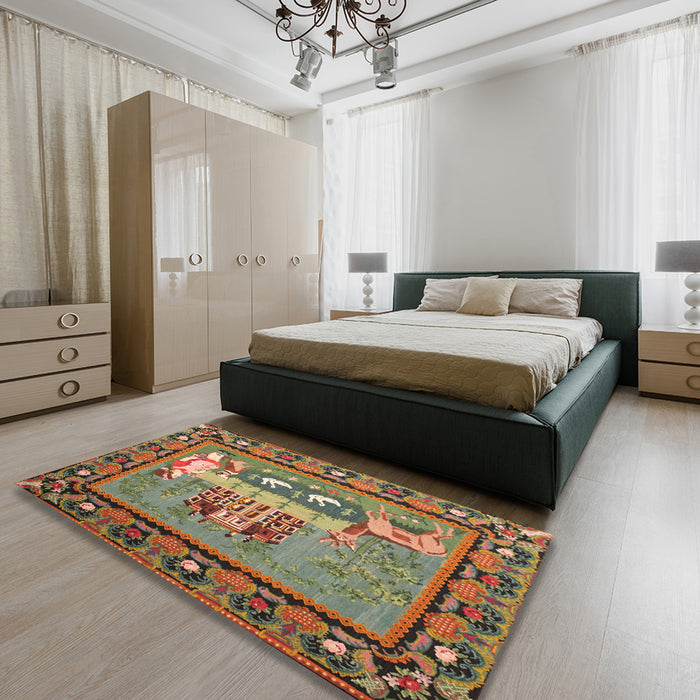 Traditional Copper Green Medallion Rug in a Bedroom, tr931
