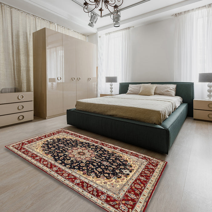 Machine Washable Traditional Vermilion Red Rug in a Bedroom, wshtr945