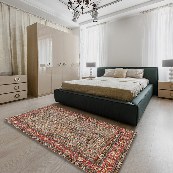 Traditional Light French Beige Brown Persian Rug in a Bedroom, tr954