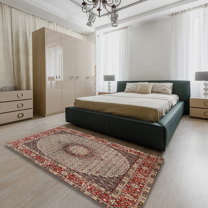 Traditional Light French Beige Brown Medallion Rug in a Bedroom, tr956
