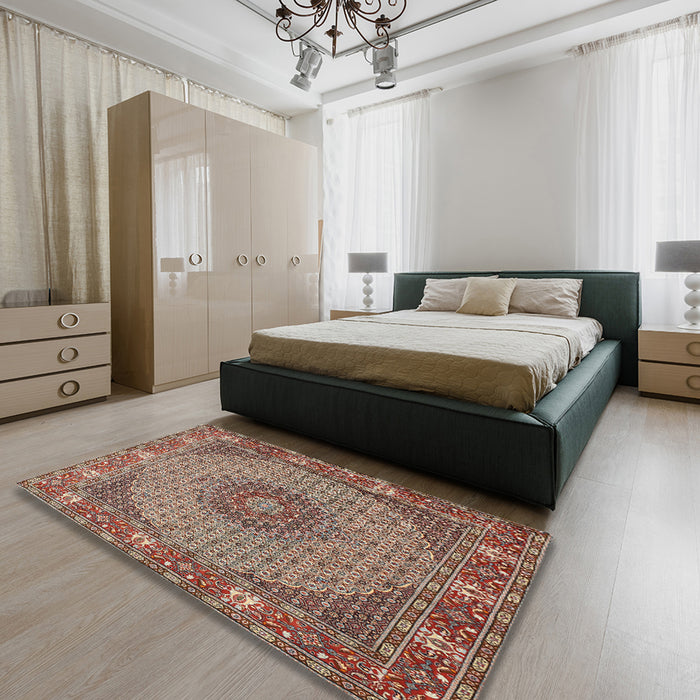 Traditional Light French Beige Brown Medallion Rug in a Bedroom, tr957
