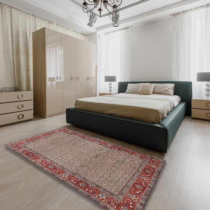 Traditional Light French Beige Brown Persian Rug in a Bedroom, tr960